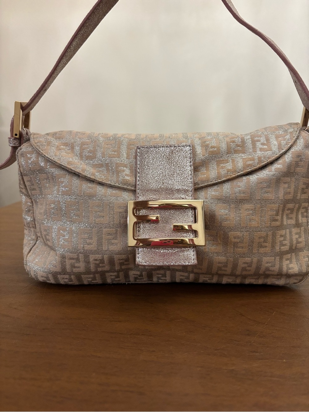 Authentic Fendi Shimmery Pink Monogram Shoulder Bag with Gold Buckle